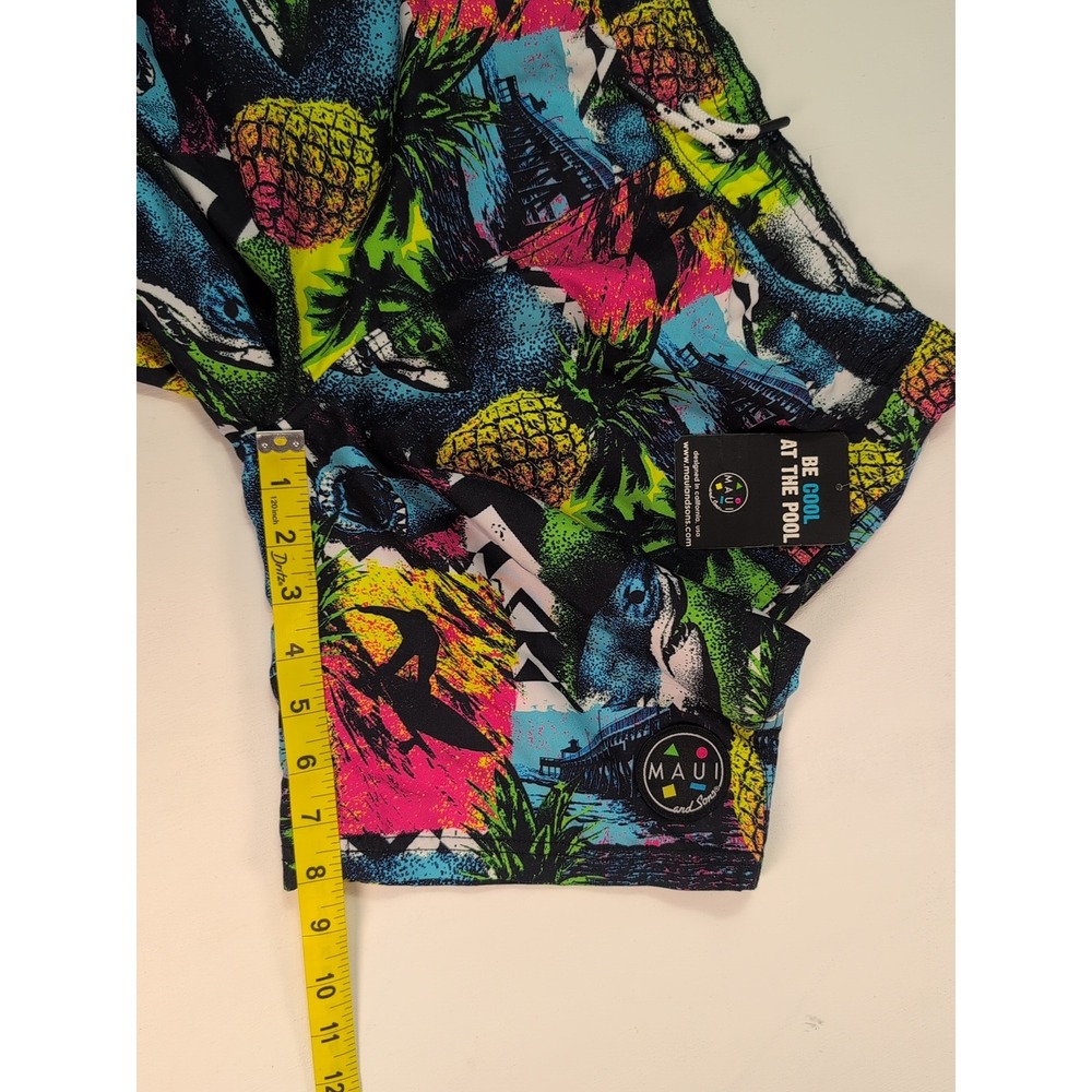 NEW Maui and Sons Boys XL 18 Pool Shorts Swim Trunks Neon Shark Pineapple Print - Picture 7 of 12